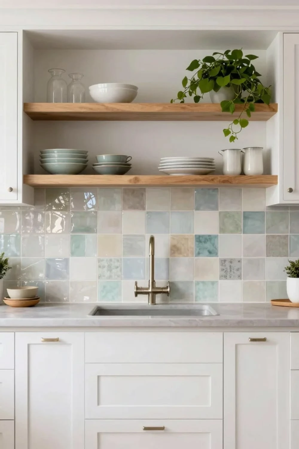 Pastel zellige backsplash behind open wood shelves in a Fredericksburg kitchen